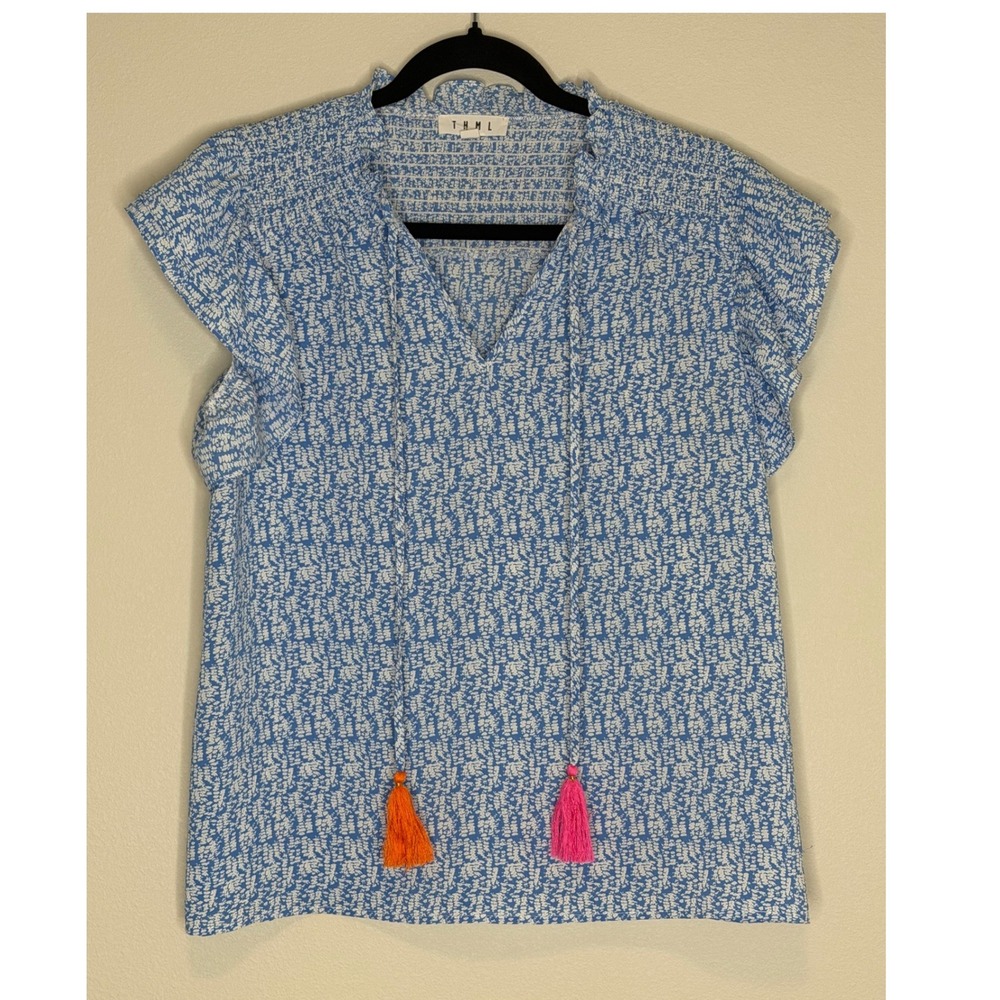 THML Women's Blue Lightweight Blouse with Pom Poms Strings Sz M